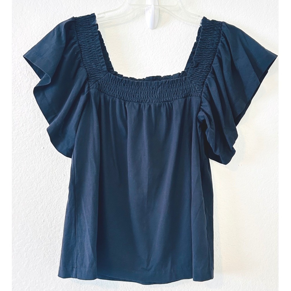 J. Crew Boho Festival Smocked Square Neck Flutter Sleeve Cotton Blouse Black XS